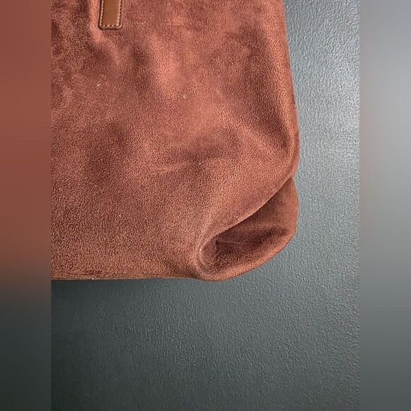 Chocolate Brown Faux Suede Faux Leather Bow Tote 16x11x6'D Books Beach Gym - Picture 5 of 8
